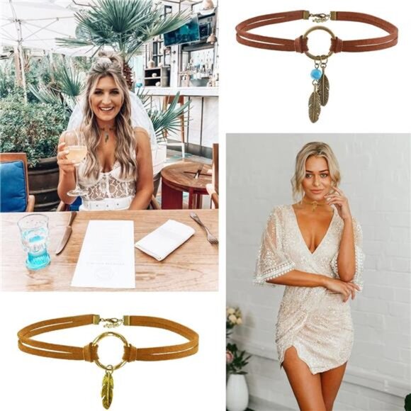 Native American Bohemian Feather Charm Handmade PU Leather Choker Necklace - Picture 2 of 8